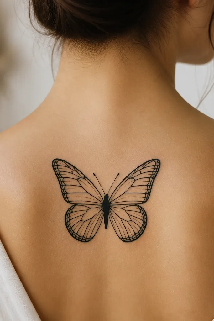 A black butterfly outline with wing veins drawn as thin lines inside; the body is solid black and the wing centers stay as skin (negative space).
