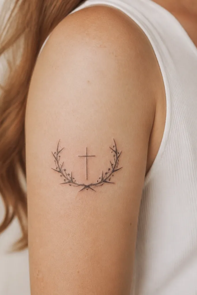 A semi-circular crown of thorns around a small cross, with tiny black bead dots along the thorn stems on the upper arm.
