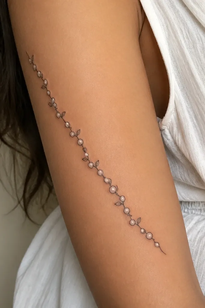 A diagonal strand of small pearls outlined in black with tiny leaf links, running from outer upper arm down toward the inner arm; pearls have light dot highlights.