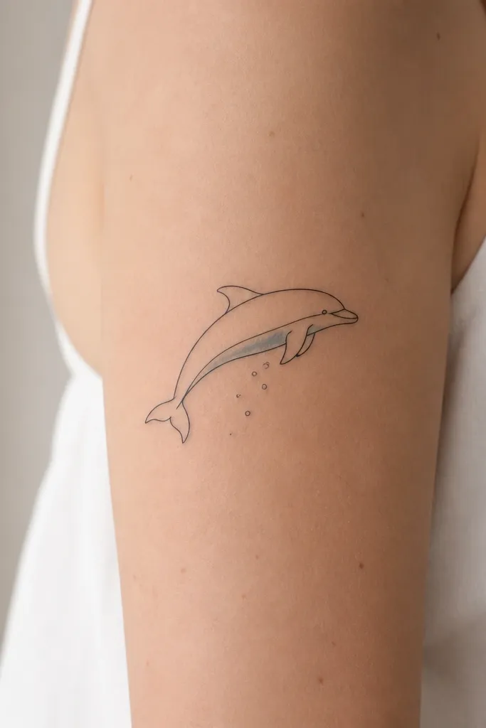 A single linework dolphin leaping across the upper arm in black, with a minimal light-blue wash under the belly and a few bubbles as dots.