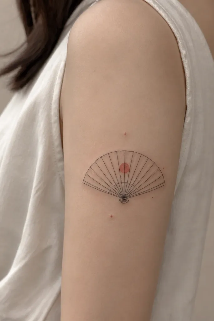 A folding fan illustration on the outer upper arm with black line ribs; the center has a small red seal circle and a few tiny spark dots.