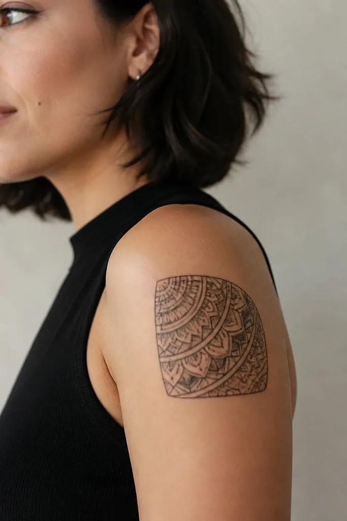 A quarter-mandala patch with black concentric circles and small repeating petal shapes, placed on the outer upper arm like a rounded square.
