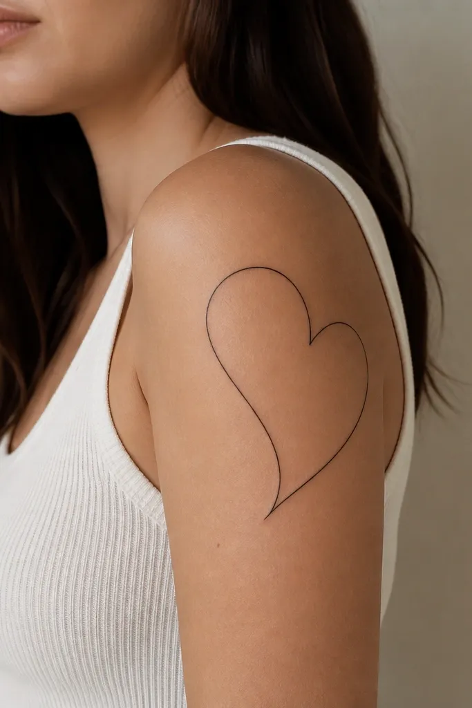 A single arched heart outline wrapping the upper arm, with the top curve landing near the shoulder and the point ending toward the outer tricep; the lines are crisp and unshaded.