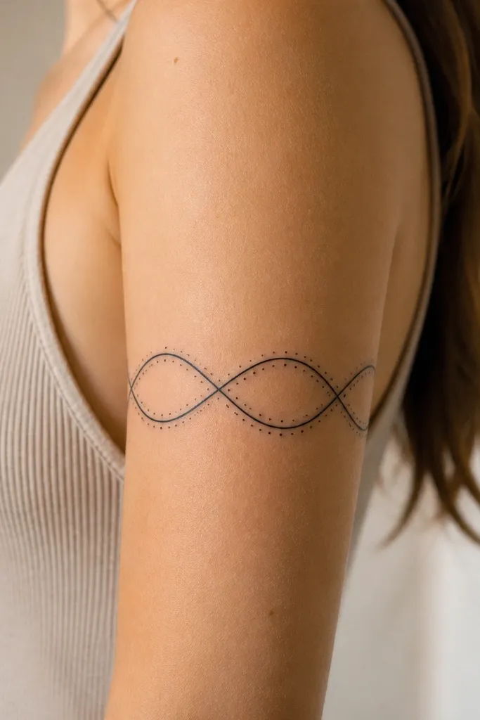 A continuous infinity symbol wrapped horizontally around the upper arm, with micro dot accents spaced evenly along the ribbon edges; minimal black ink, lots of skin between elements.