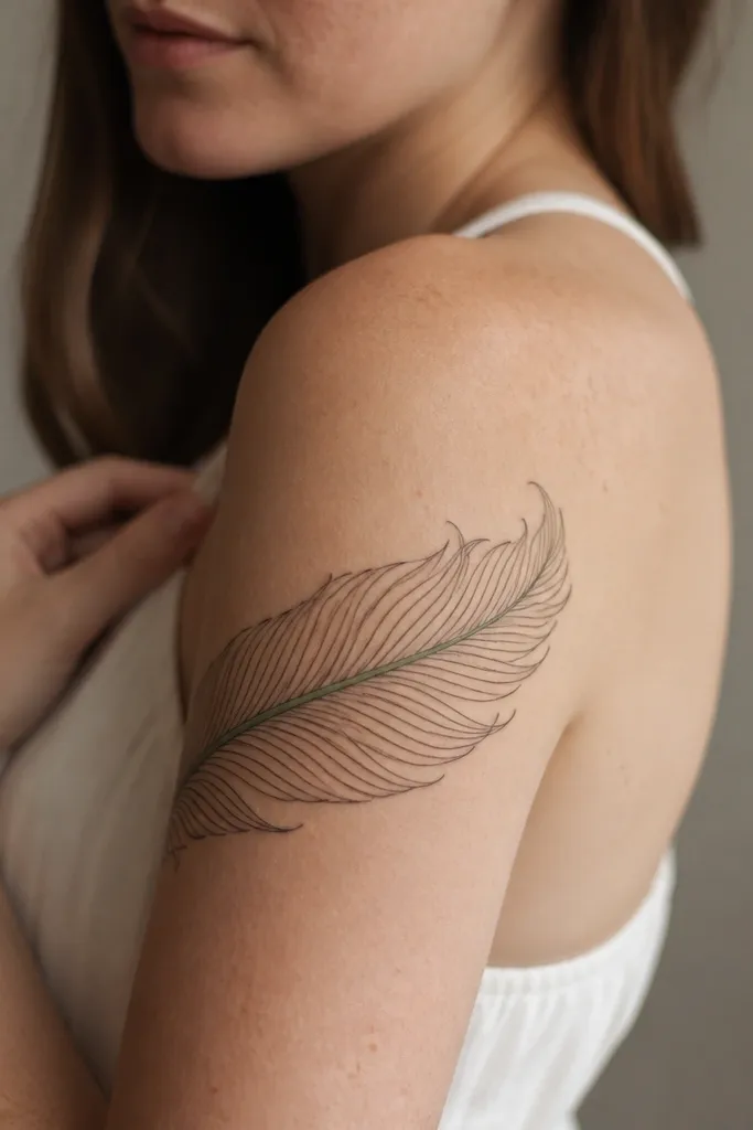 A feather outline wrapping the upper arm in black linework, with a single muted sage-green line running through the feather shaft; clean, airy spacing.