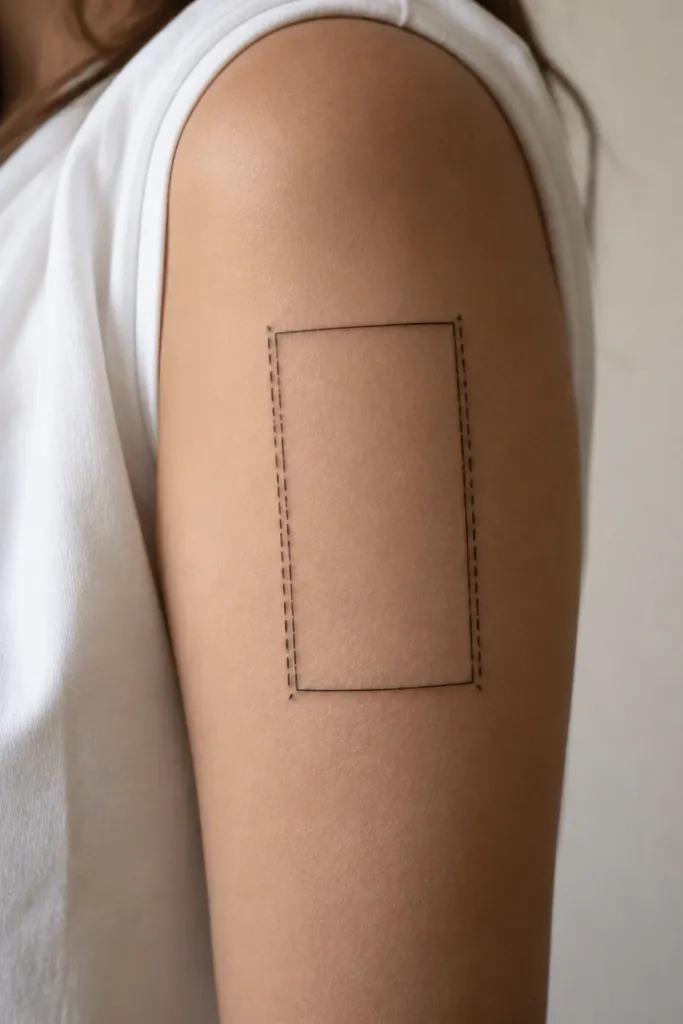 A rectangular frame hugging the upper arm with stitch-like dashes along both long edges; the inside is blank with a few tiny black corner marks.