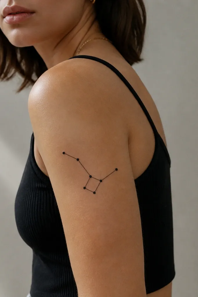 A constellation pattern wrapping the upper arm with 6-10 solid black dots connected by short straight segments; the cluster sits on the outer bicep.