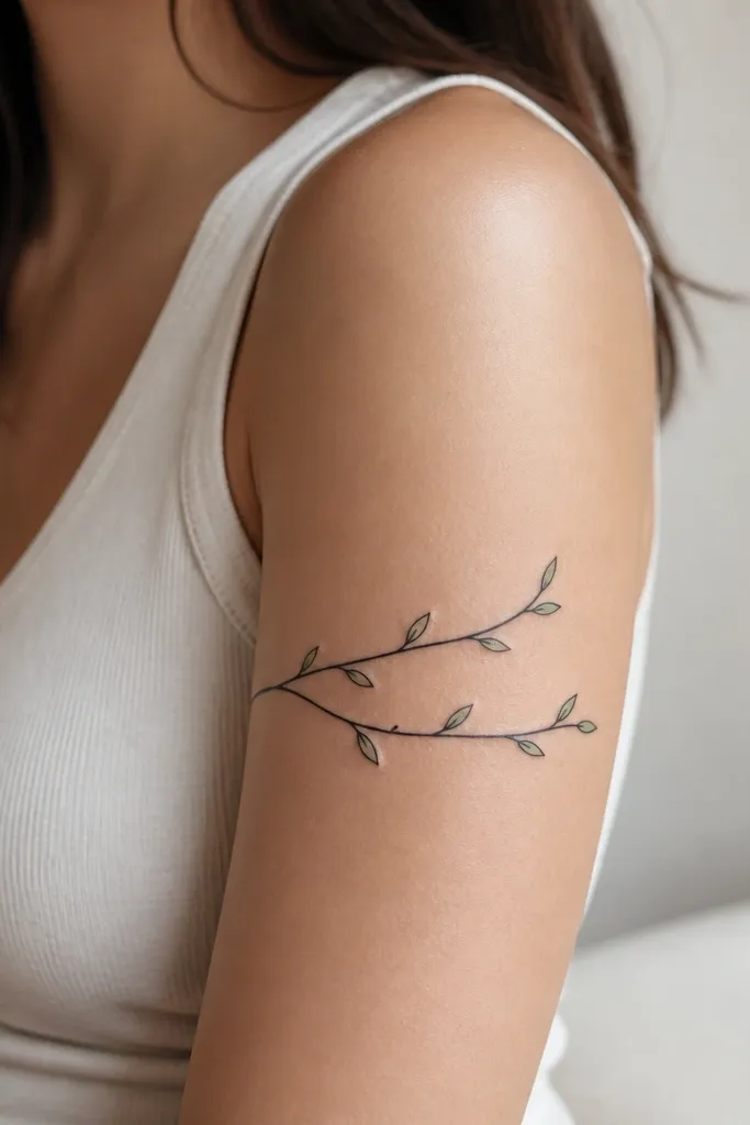 A wrap of two simple leaf stems around the upper arm, drawn in black linework with a few sage-green leaf tips; no shading, just outline and small color hits.