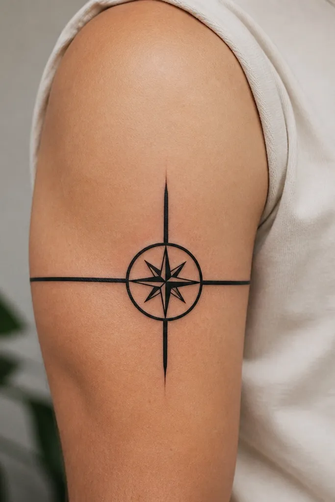 A compass-like cross-section graphic wrapping the upper arm, with thick black cardinal lines and a small compass rose center; lines are crisp, no gray shading.