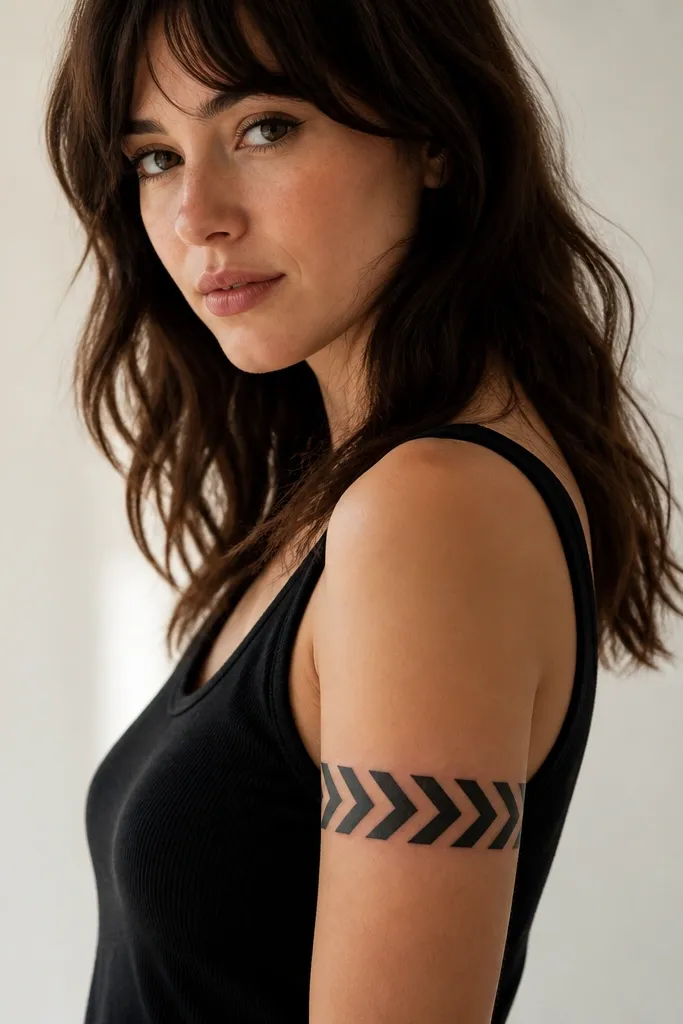 A chevron band wrapping the upper arm, with alternating black chevrons and blank skin stripes; the pattern is symmetrical and spaced evenly.
