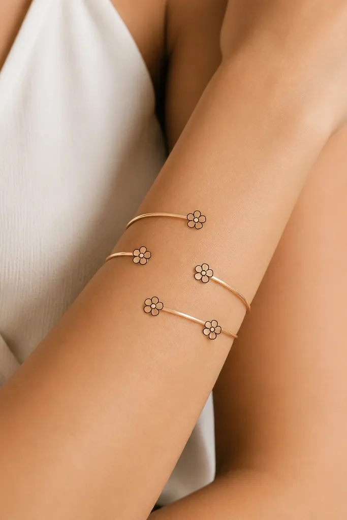 A wrap band with small five-petal buds spaced along the outer arm, each bud outlined in black with a single tiny dot center; no shading.