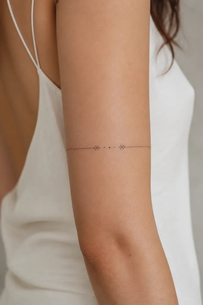 A thin line wrap around the upper arm with two small geometric markers at each end (like brackets) and a few tiny dots in between; no readable words.