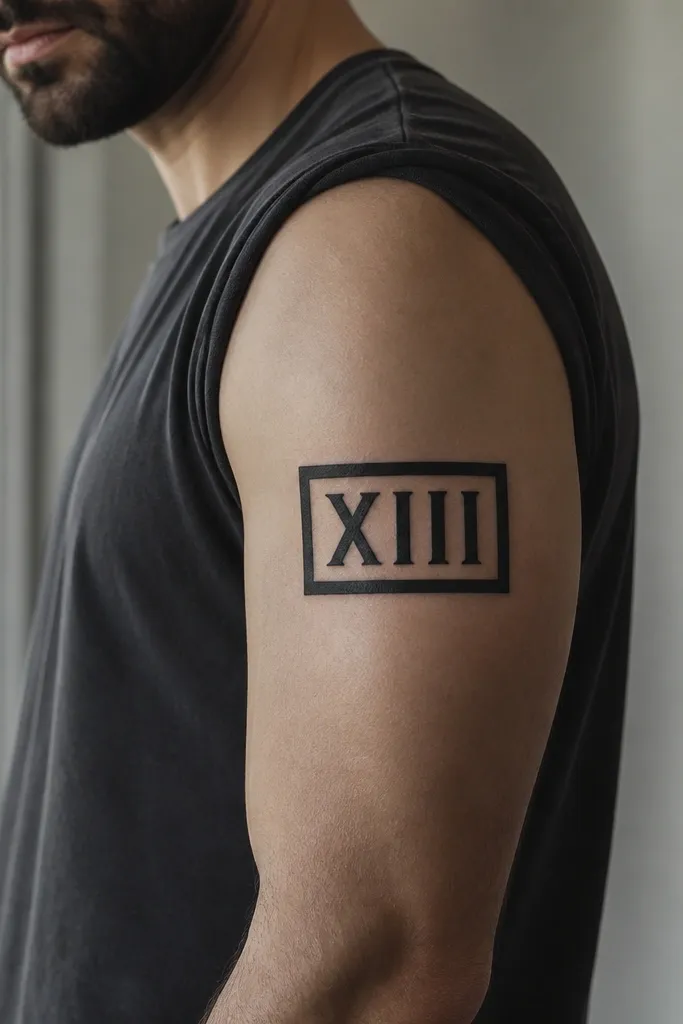 Roman numerals placed inside a thick black rectangular frame that wraps the upper arm; numerals are bold and evenly spaced, no decorative swirls.