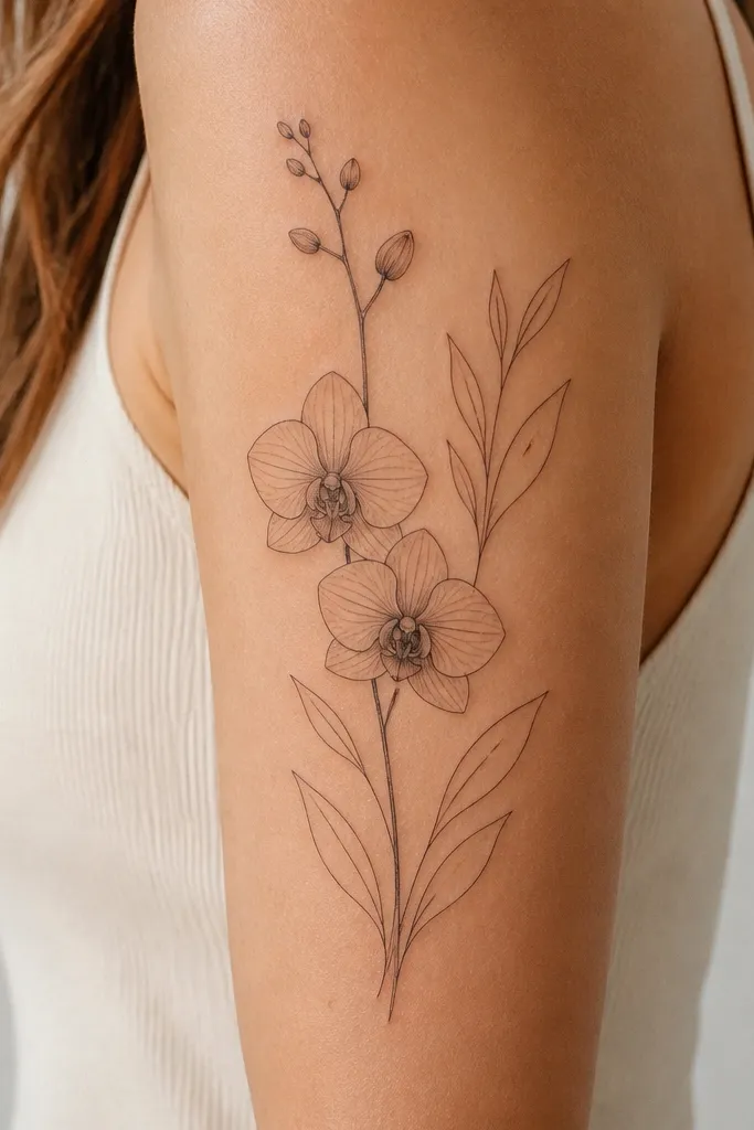 A vertically oriented orchid cluster on the upper arm with crisp thin stems; two orchid blooms sit near the center, and negative space leaf shapes frame the sides without heavy shading.