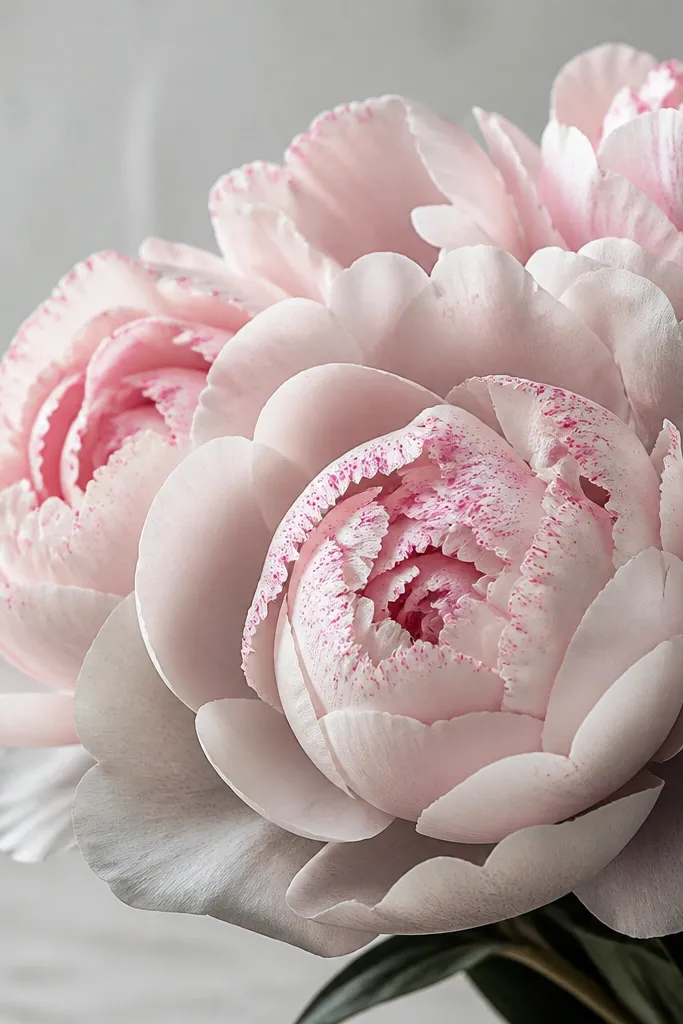 A peony cluster with layered petals; small dotwork speckles appear on the upper petal edges and near the inner bloom, while the outer petals show smooth gray transitions.