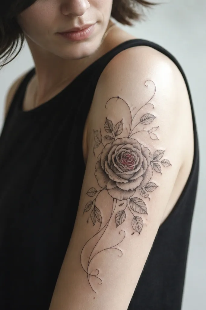 A rose on the outer upper arm with fine line vines curling outward; the rose petals are mostly gray with one small burst of color in the center, while the leaves are thin and lightly shaded.