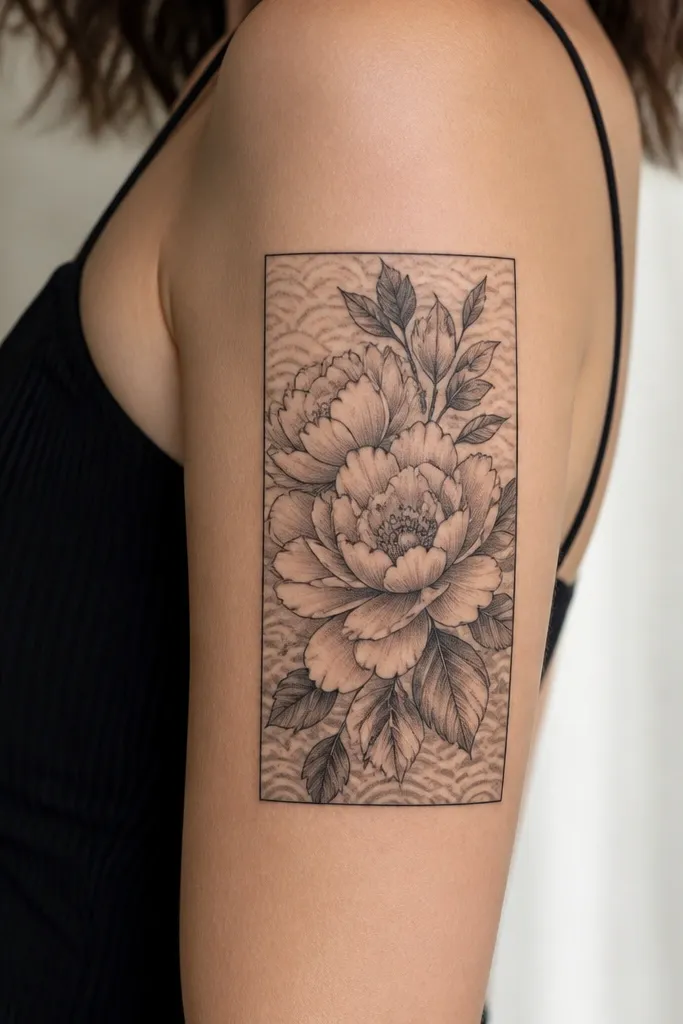 A boxed frame on the upper arm with layered flowers inside; small geometric waves sit behind the blooms, and the outer border is clean with gray shading and controlled blackwork.