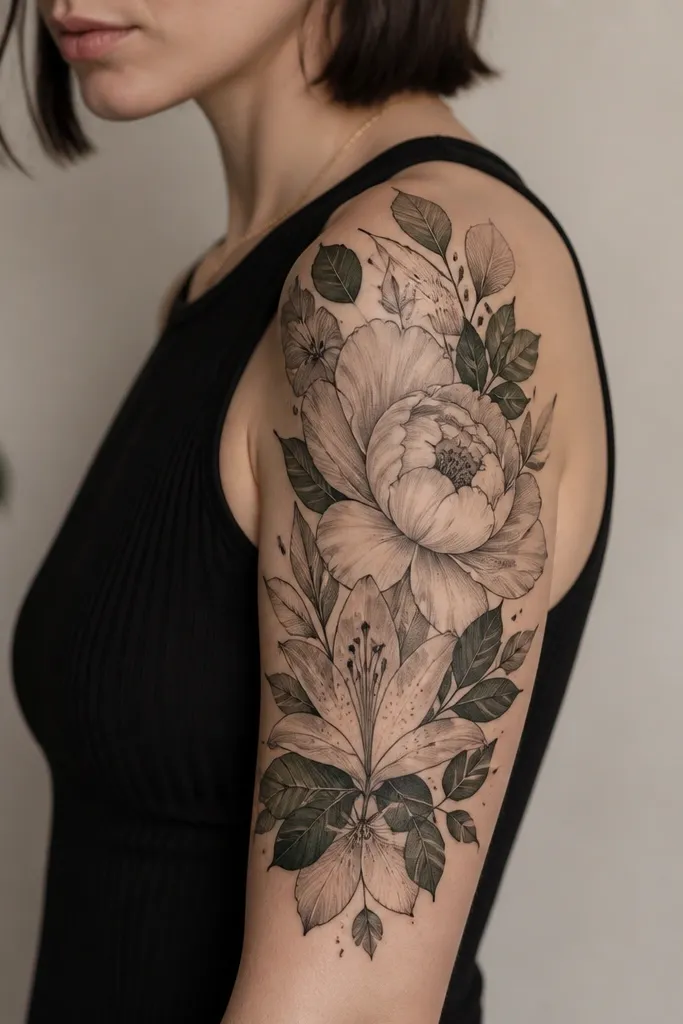 A collage-style upper arm piece with overlapping petals and leaves in different sizes; some petals are semi-realistic, others are more graphic, and the shading is mostly gray with a few muted green accents.