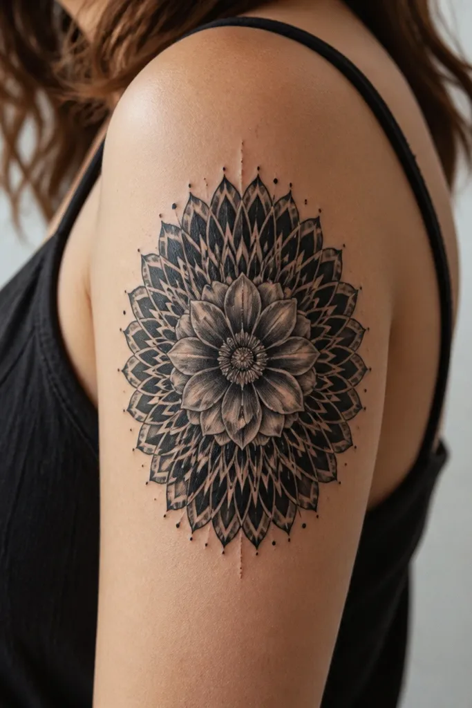 A circular or oval medallion on the upper arm with blackwork petals radiating outward; the center has a shaded bloom in gray, with a few thin highlight lines.