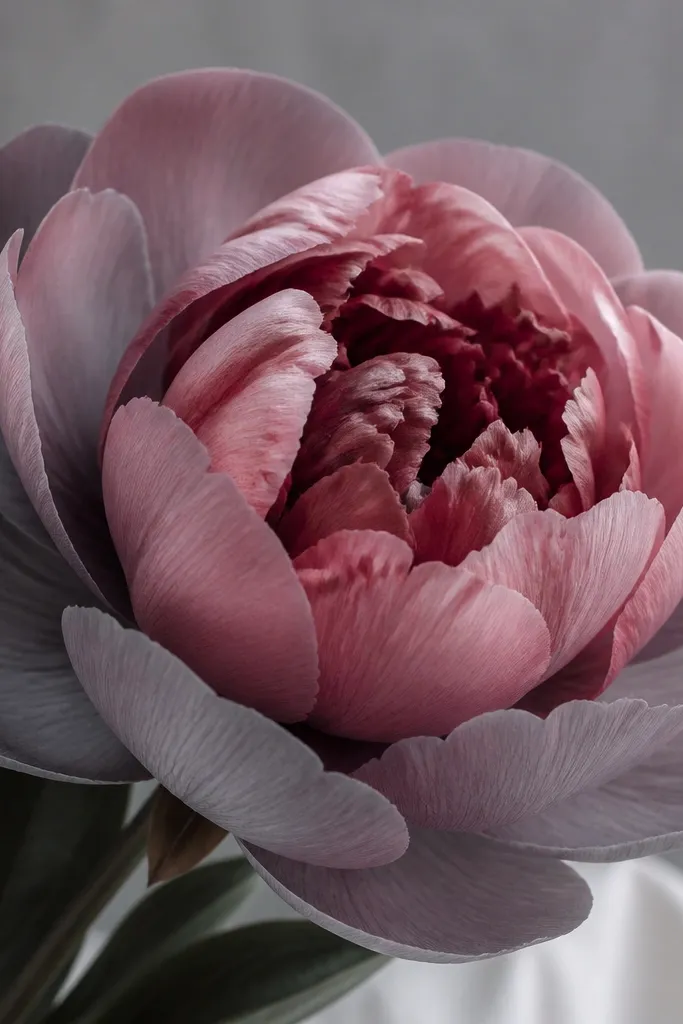 A peony with broad petals; underpainting is cool gray across the petals, while the top petals show muted rose-pink and the inner bloom has deeper wine tones.