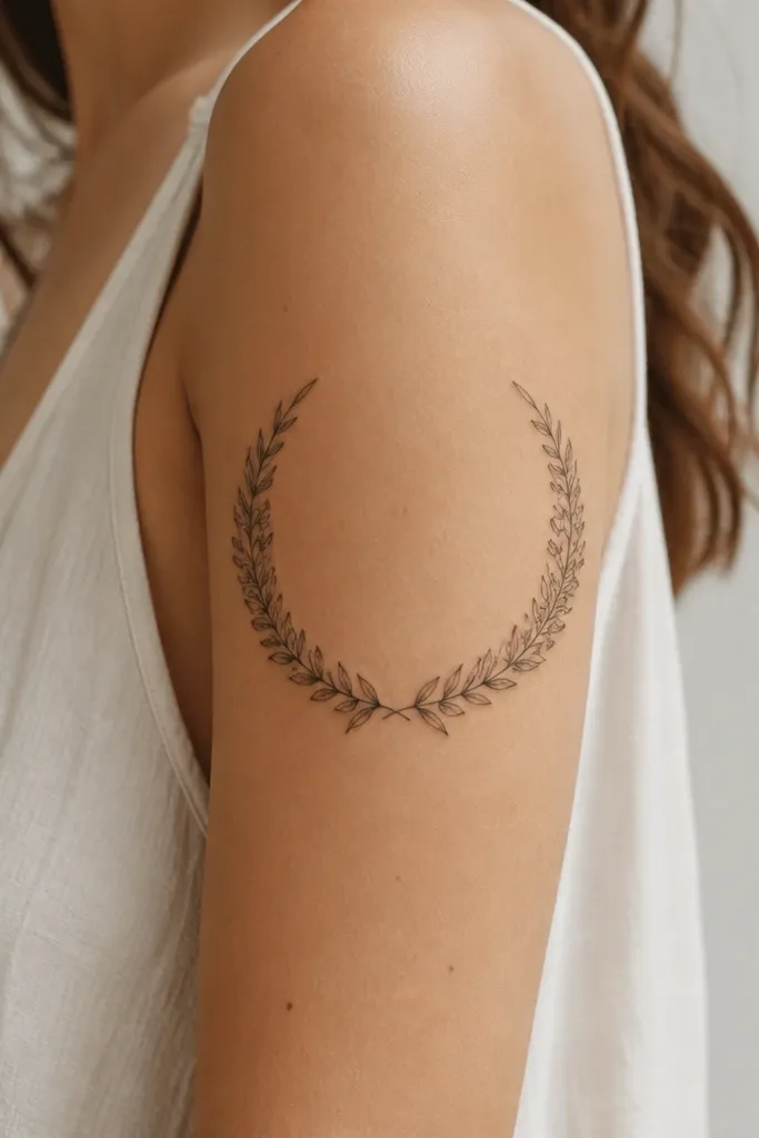 A thin laurel wreath arcs around the upper arm; small flower clusters sit on the outer curve, with crisp linework and light gray shading inside each tiny bloom.