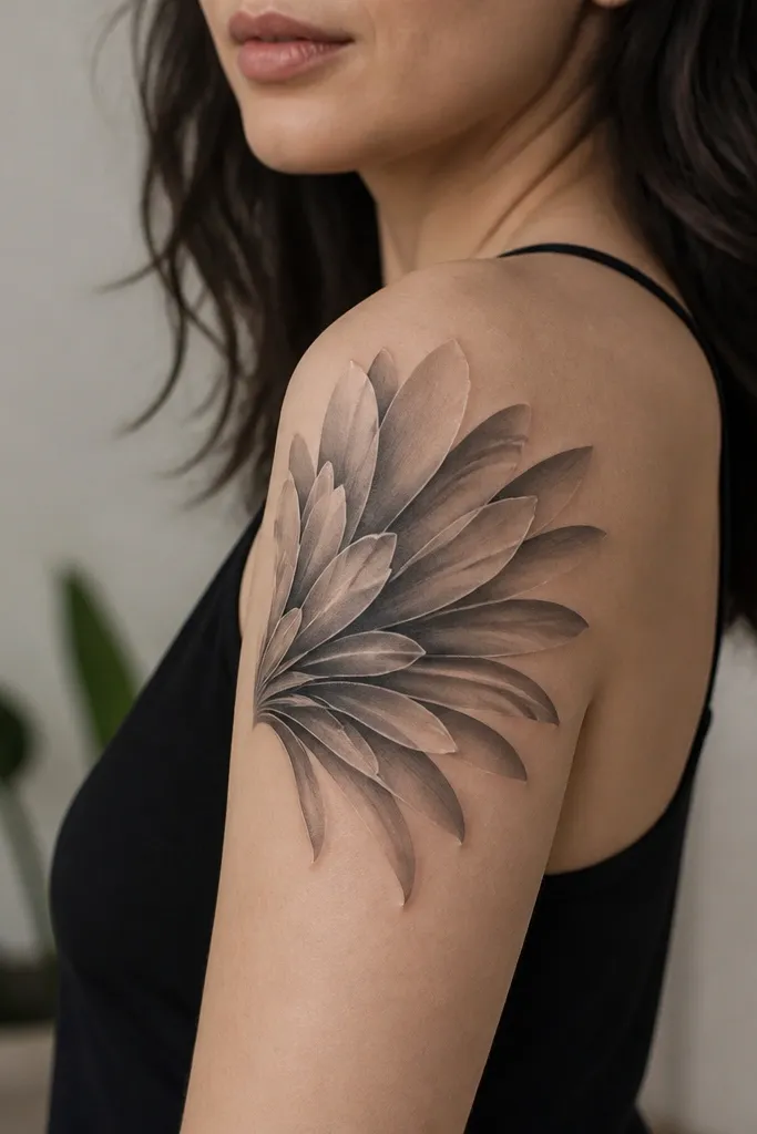 A fan-shaped grouping of petals spreading across the upper arm; petals have smooth gray gradients, and tiny micro-highlight strokes appear along the top curves.