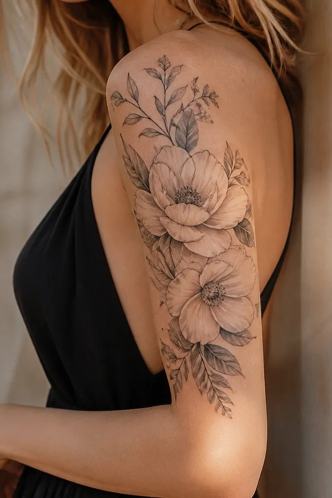 High-end luxe upper arm flower tattoos for women
