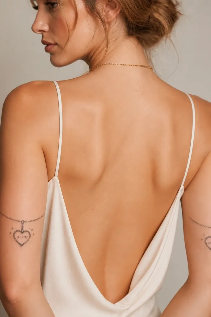 Inner upper arms feature small heart lockets hanging from thin chains, each with a tiny date inside. The hearts are black outline with faint grey shading, and the dates are in small serif numerals. The rest of the sleeve area is mostly clean skin with a few spark dots near the locket clasp.