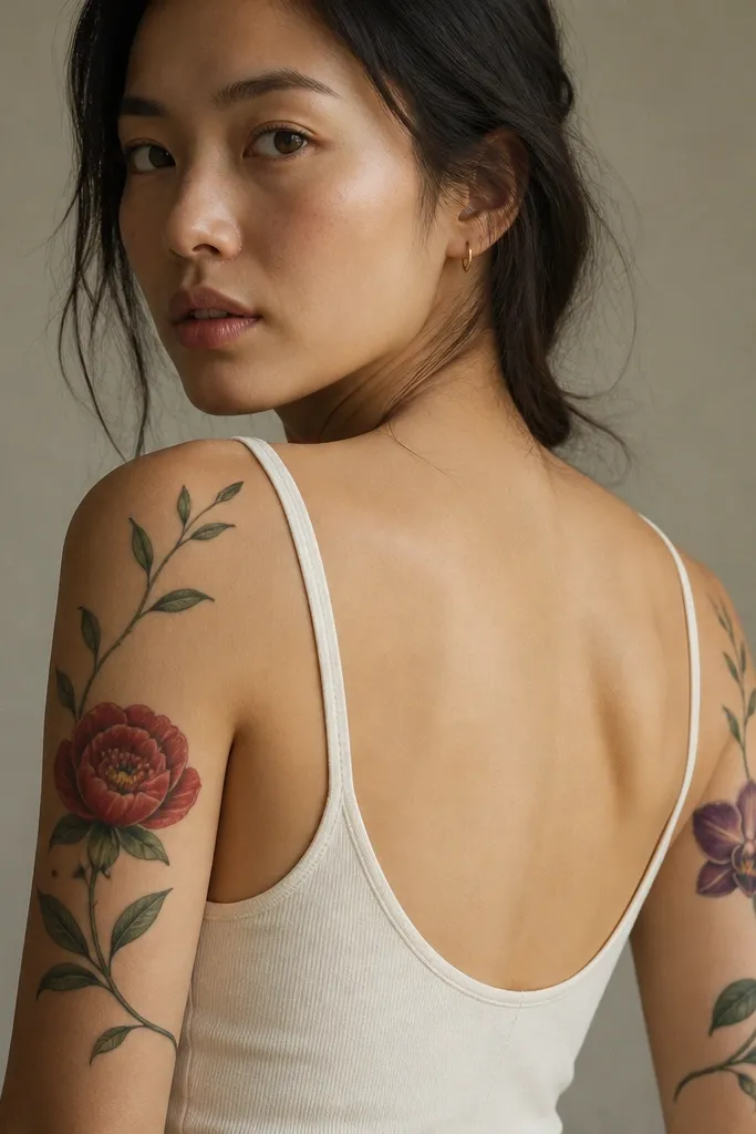 Outer upper arms show a single continuous botanical stem wrapping from shoulder outward, with leaves and two different flowers at opposite heights. One sleeve has a red peony, the other has a deep purple orchid; both have green line leaves and soft grey shadows.