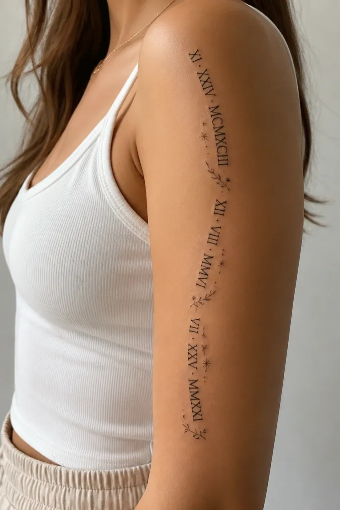 A diagonal upper arm sleeve with Roman numerals running along the outer arm. Small micro ornaments - tiny stars, dots, and thin laurel sprigs - sit between numeral groups. The numerals are black, crisp, with light grey shadowing under select lines.
