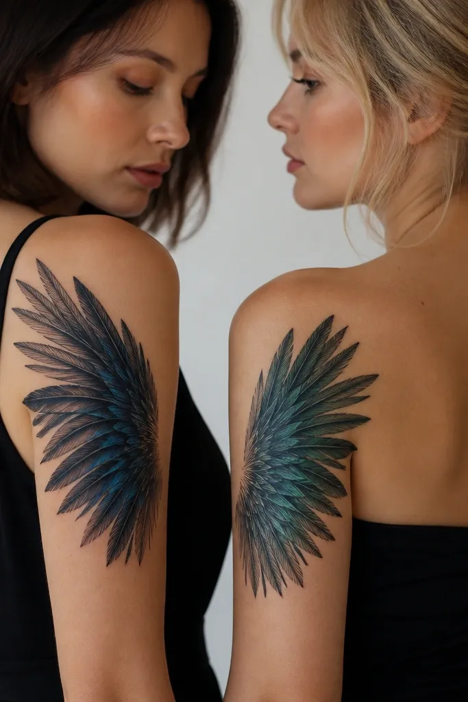 Outer upper arm shows a fan of feathers fanning outward from the shoulder. One person's feathers are black with cool blue accents; the other has black with warm teal accents. Each feather has fine line barbs and soft grey shading at the base.