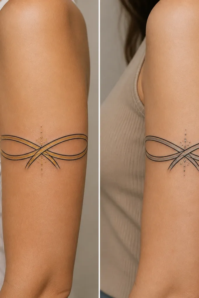 A clean infinity knot wraps around the outer upper arm like a ribbon, with the knot ends meeting near mid-arm. One sleeve has the knot outlined in black with a single thin gold-like highlight; the other has the same knot but with a grey highlight. Background is mostly skin with a few dot sparkles near the crossing.