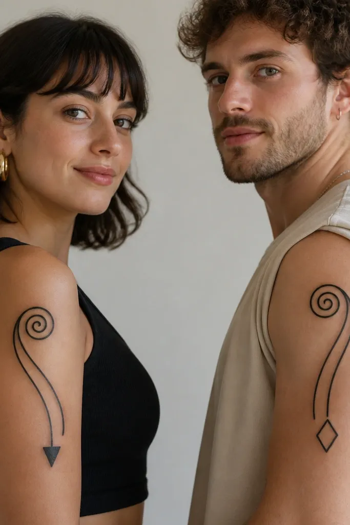 Outer upper arm has a spiral base near the shoulder, then two curved arrows that point downward along the arm. Each person's arrows have the same spiral base, but one arrow head is a black triangle and the other is an outlined diamond. Light grey shading sits under the arrow shafts.