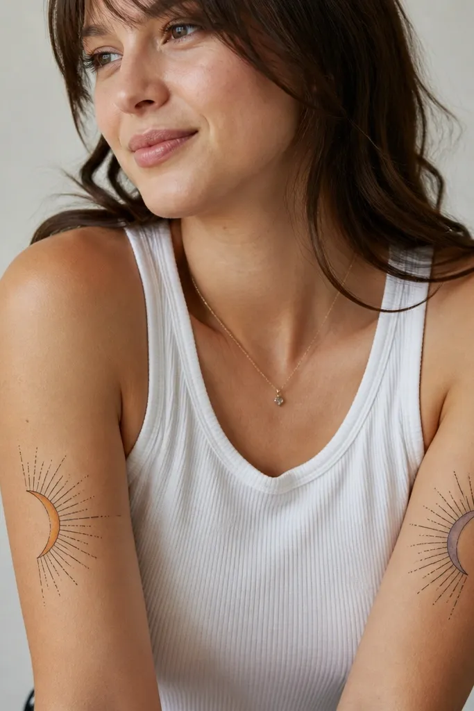 Outer upper arm shows a half-sun with thin rays and a matching half-moon on the other arm. Both designs share the same ray length and line thickness. The sun has warm orange-yellow accents, the moon has soft lavender-grey accents. Background has small dot texture behind the sun or moon.