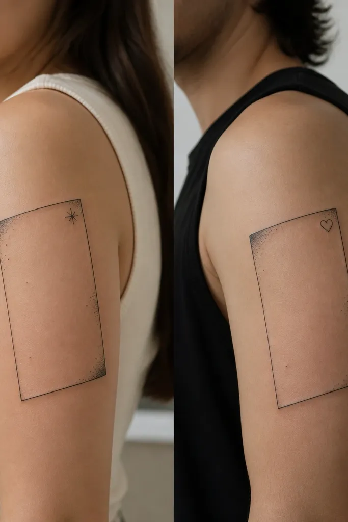 Upper arm has a thin geometric frame drawn like a tilted rectangle. In the top corners are small matching symbols: one person has a small star, the other has a small heart. The frame lines are black with subtle grey shading at the corners, and the inside has sparse dot work.