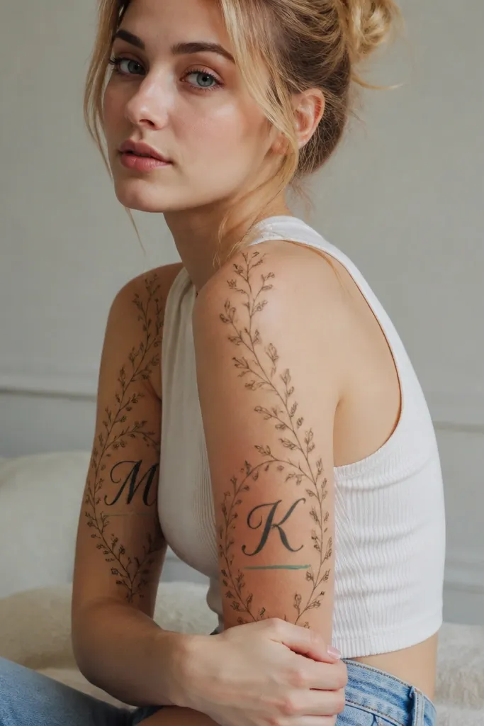 Upper arm sleeve has large initials in the center of the outer arm, surrounded by thin vine borders that climb toward the shoulder. One sleeve's initials are black with a subtle grey shadow, the other's initials are black with a small teal underline. The vines have tiny leaves drawn as small teardrops.