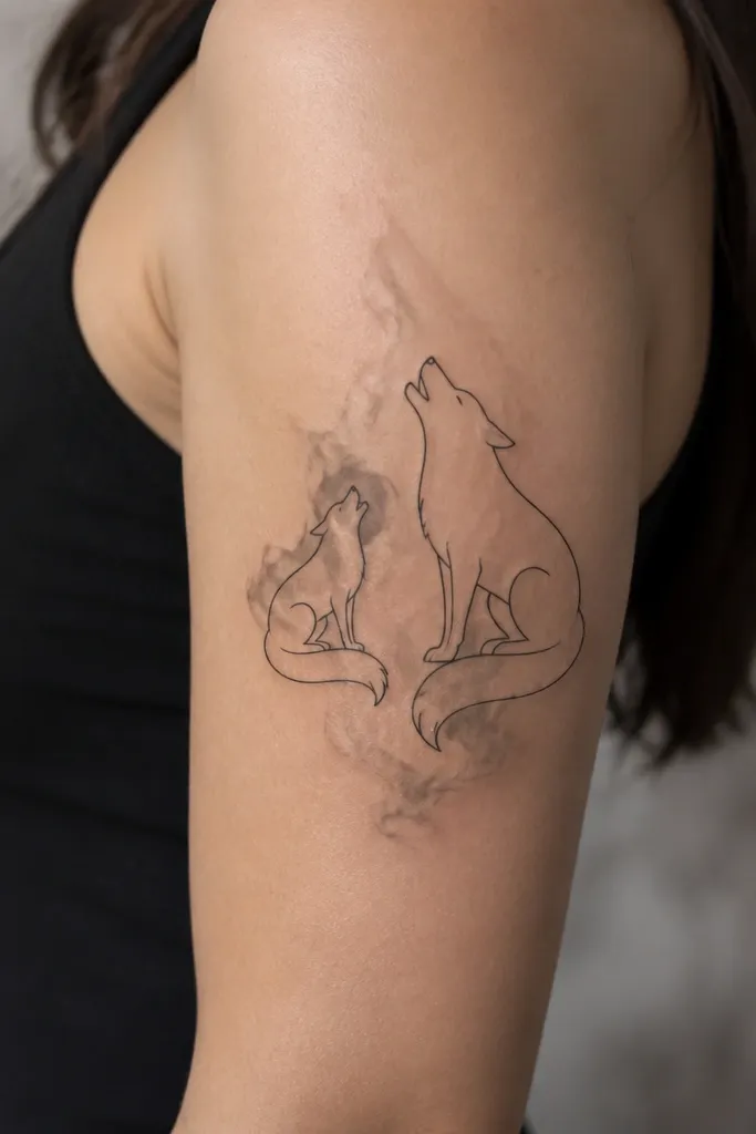 Outer upper arm shows black linework animals - one is a small fox silhouette with a curled tail, the other is a matching wolf silhouette. Both share the same curled tail shape angle and the same line thickness. The background includes faint grey smoke-like shading behind the animals.