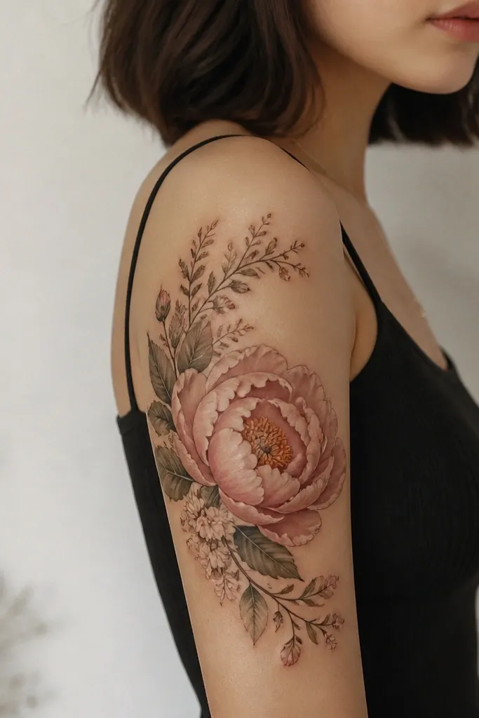 A peony blooms across the bicep, with petals radiating outward. A thin wrap of leaves and micro-flowers curves around the outer edge, creating a half sleeve feel without covering the entire arm.
