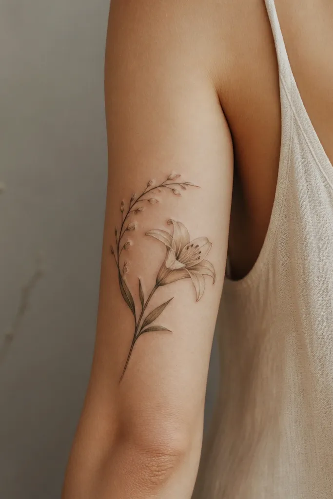 A single lily leans sideways across the tricep. An arc vine runs along the back-upper arm with small buds tucked under it, forming a gentle curve.