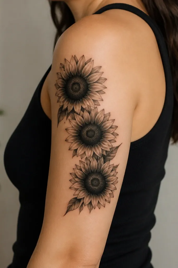 Three sunflowers march diagonally down the outer upper arm. Each has a dark, textured center and petal rows with black-and-gray gradients.