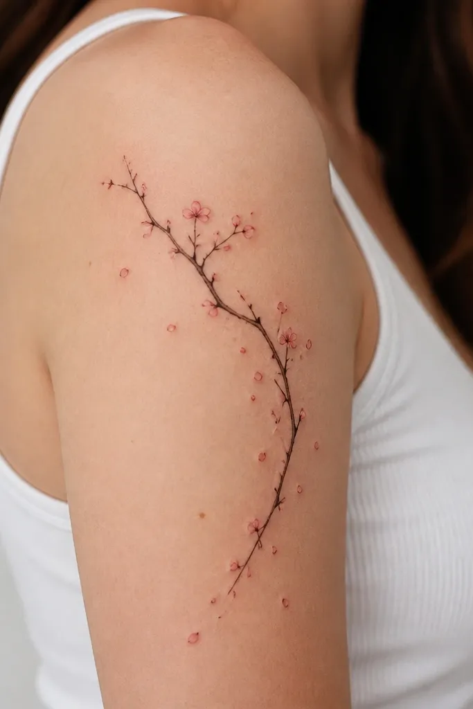 A thin cherry blossom branch curves around the outer upper arm. Tiny petal dots and half-petals scatter along the branch like confetti, with a few fuller blossoms at the top.
