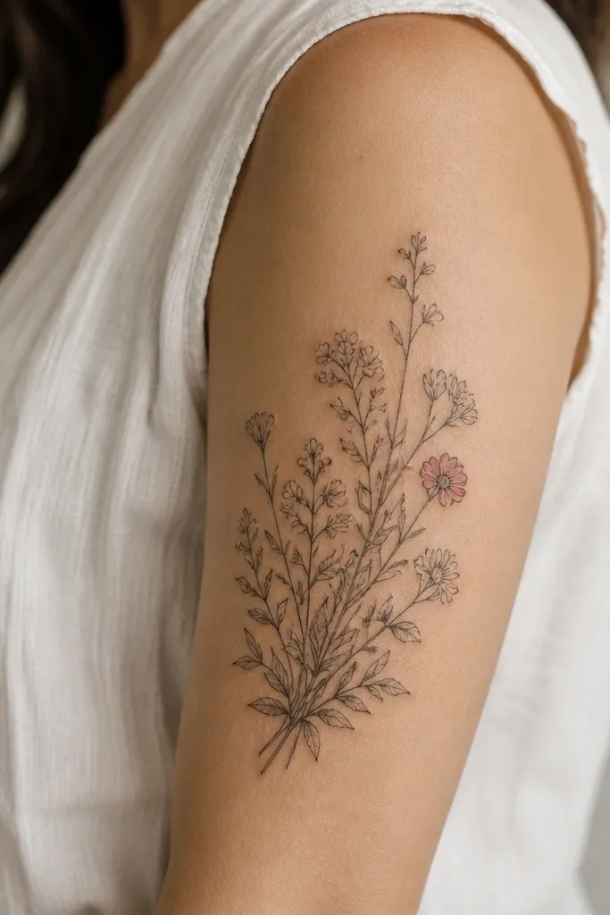 A cluster of small wildflowers fills the upper outer arm. Most flowers are black-and-gray linework with light shading; one accent flower has a tiny patch of muted rose pink.