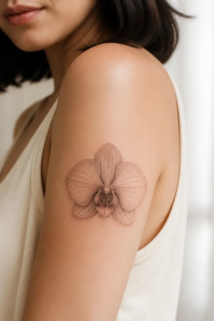A centered orchid on the front-outer upper arm. The petals have fine vein lines, and the shading stays concentrated at the folds.
