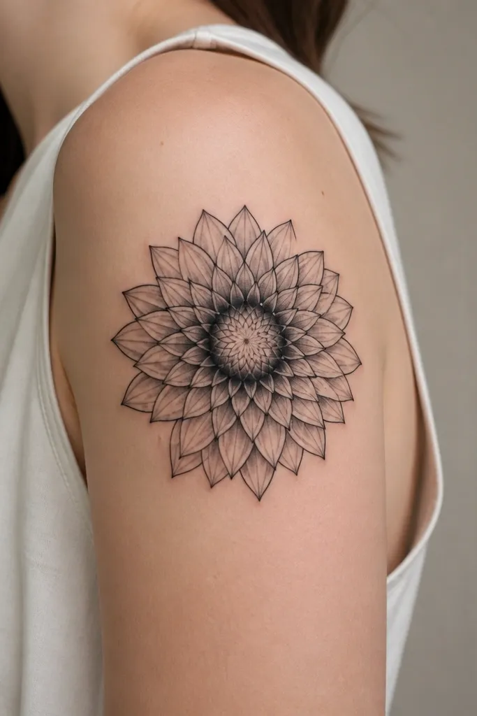 A dahlia sits on the outer upper arm with petal shapes drawn in crisp geometric segments. The center has soft gray shading and a dark ring around it.
