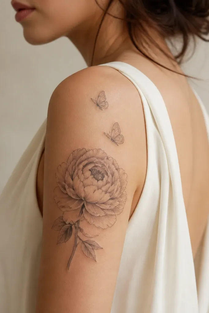 A peony blooms on the outer upper arm, and two small butterflies hover above it with thin wing lines. The butterflies are lighter in density than the flower.