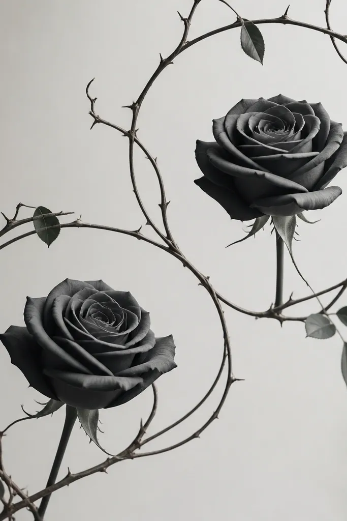 Two roses sit inside curved negative-space frames made by thin vines. The petals are black-and-gray, while the frame lines are crisp and open.