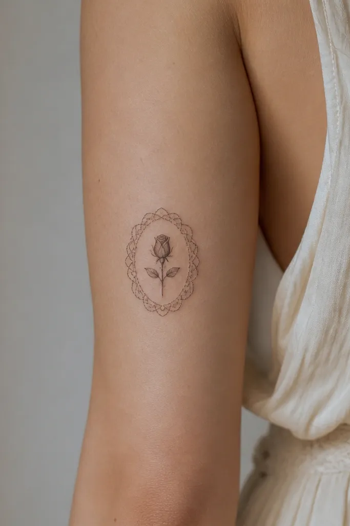 A small rosebud sits on the inner-to-outer upper arm, surrounded by a lace-like border made of tiny loops and scallops.
