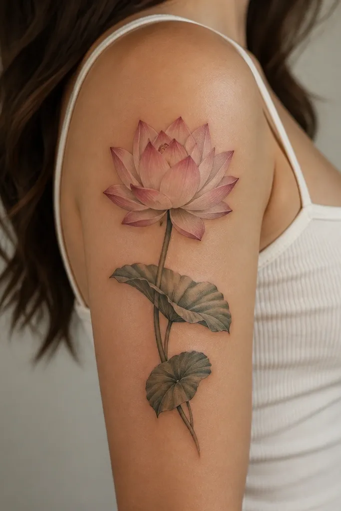 A lotus flower blooms on the outer upper arm with layered petals. A stem and a few leaves run downward following the muscle line, ending mid-arm.