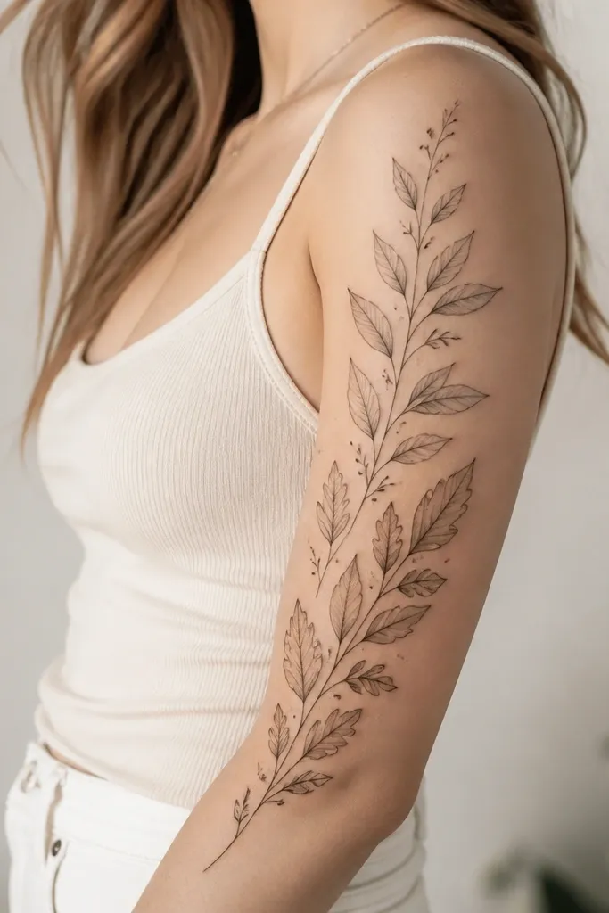 A fine-line upper arm sleeve with two types of leaves and small stems. The lines taper as they travel up the outer arm, with tiny dot accents and light gray shading around leaf veins.