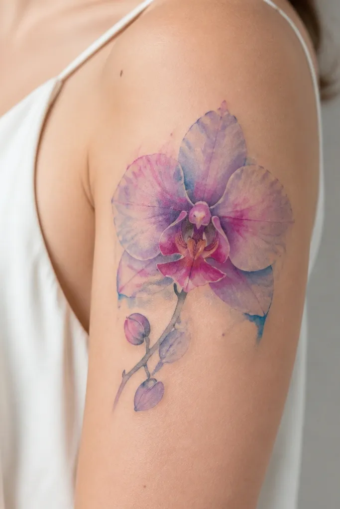 A watercolor-style orchid on the outer upper arm, with soft lilac and magenta petals fading into light blue and pale gray. The edges are not fully sharp, but the outline is clean enough to keep the orchid shape clear.